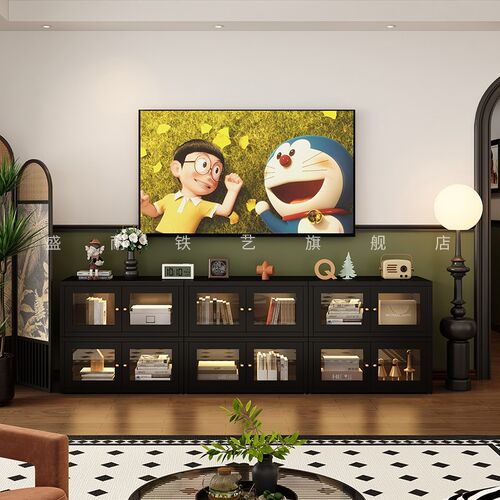 法式复古黑色钢制靠墙电视柜矮柜客厅格子组合落地家用小户型卧室