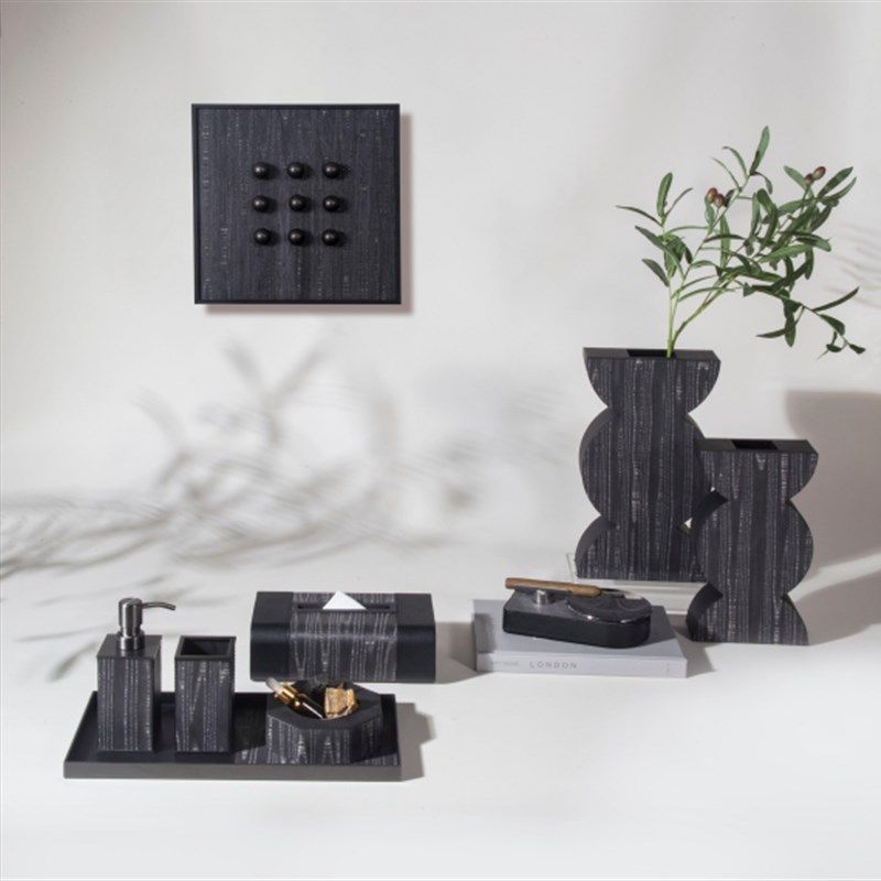 极简现代样板间皮质黑色木纹装饰盒相框桌面托盘花器组合摆件陈设