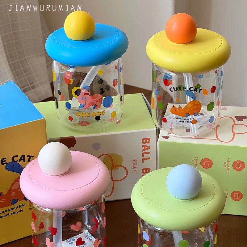 超可爱夏日卡通圆帽盖玻璃吸管杯高硼硅玻璃耐热水杯咖啡杯随行杯