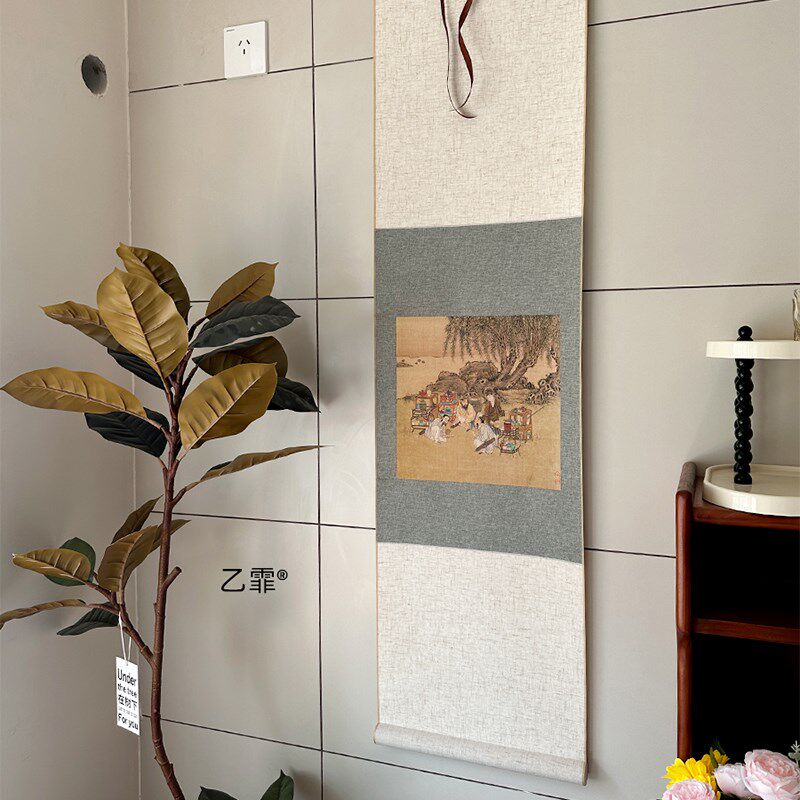 桔子格调柳荫品茶图国潮茶室法式中式挂画挂轴卷轴书房客厅装饰画