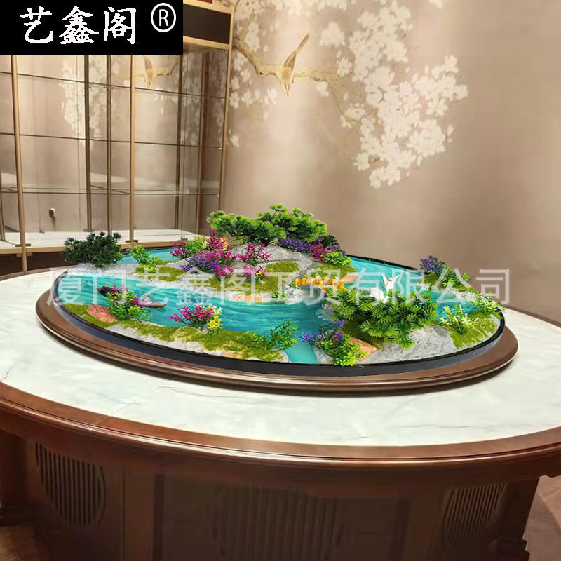 新中式高档酒店大圆桌造景餐桌中间风景装饰转盘圆形摆件微缩景观