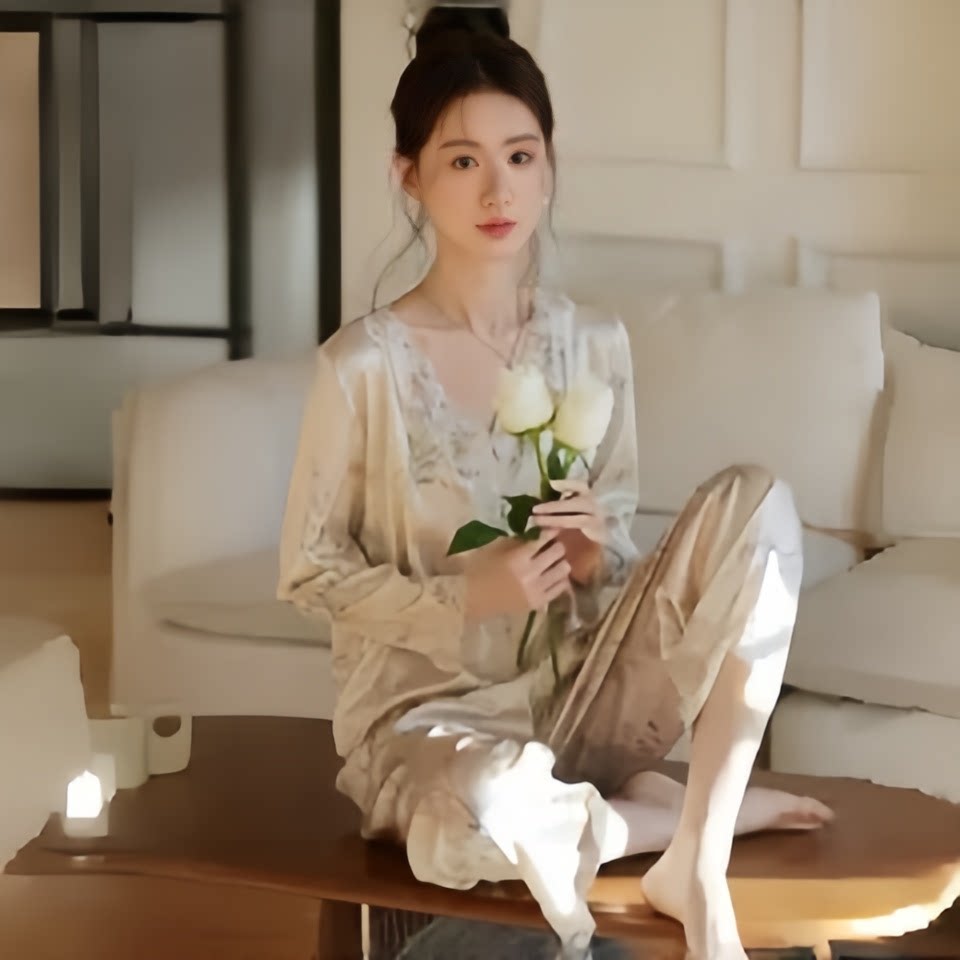 真丝新中式女睡衣套装长袖长裤