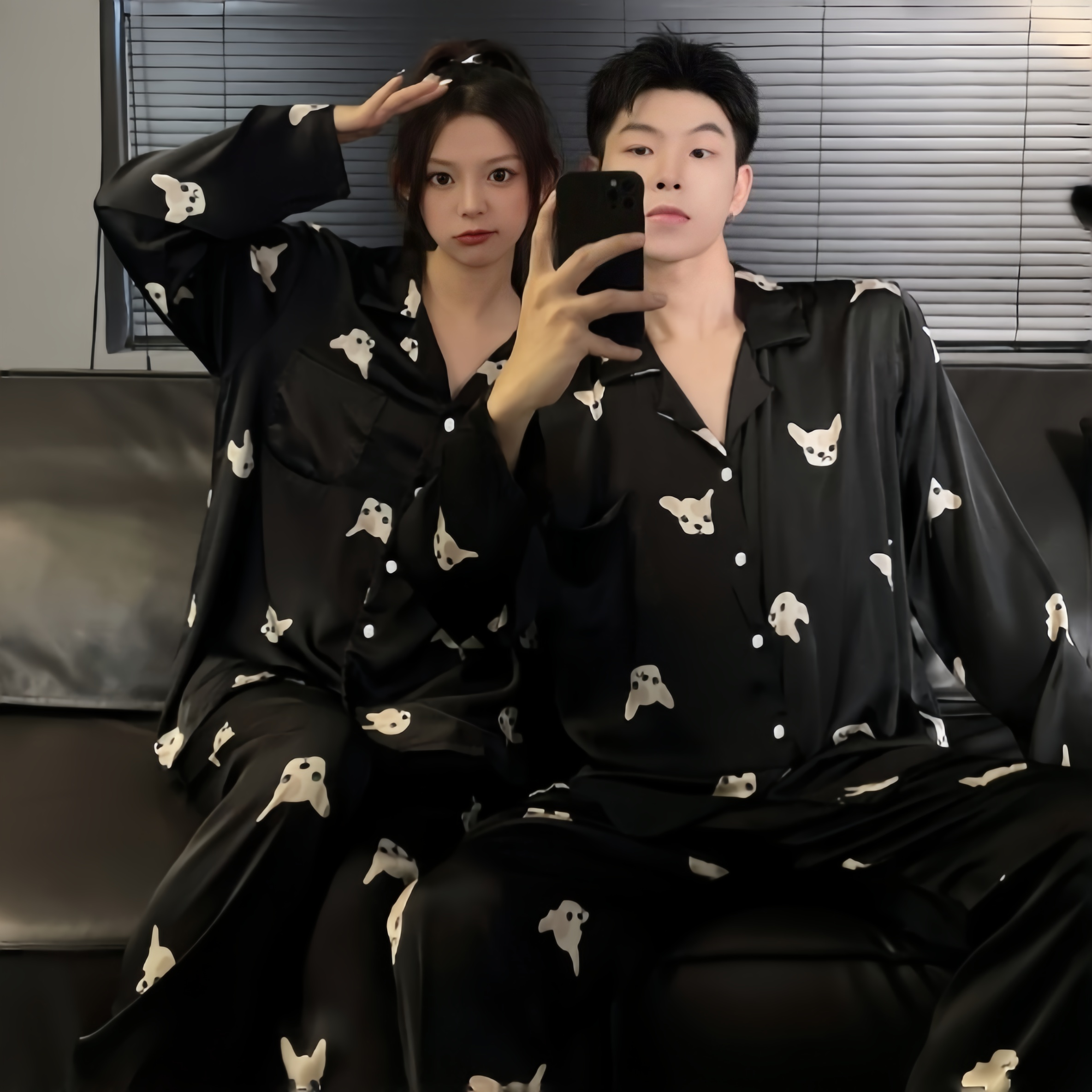黑色小狗情侣真丝家居服套装