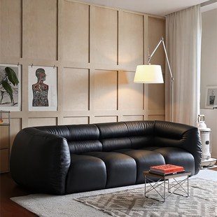 卡耐特覆古全真皮沙发哈尔沙发客厅设计师直排黑色中古风皮艺沙发