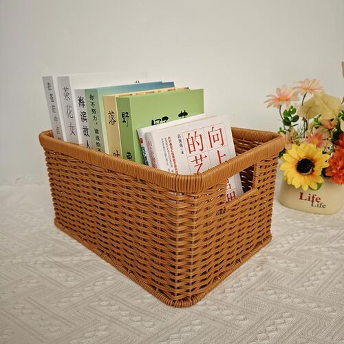 纯手工编织收纳筐书本学习用品收纳箱长方形储物篮藤编桌面整理