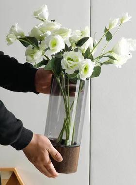 创意木底座花瓶简约原色玻璃水培鲜花客厅餐桌插花装饰样板间摆件