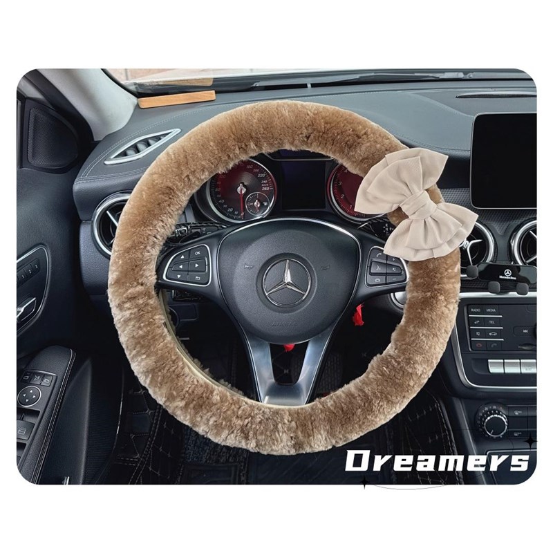 创意蝴蝶结时尚冬季羊毛汽车把套可爱女生车内装饰方向盘套棕咖色