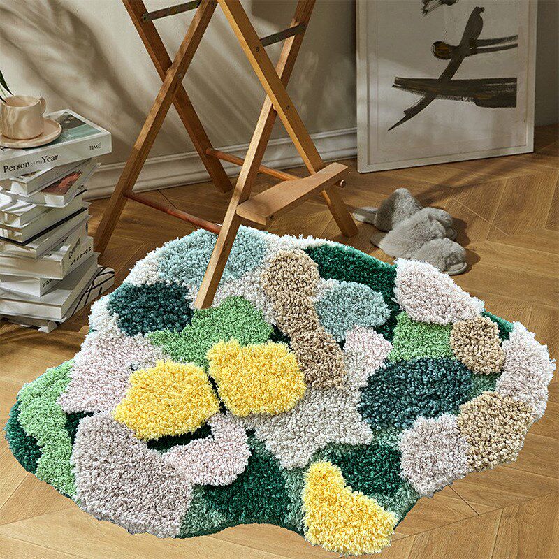 绿色苔藓地毯浴室门口吸水垫子植绒绿色森系高低毛绒进门地垫卧室