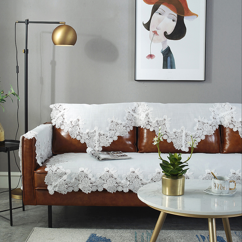 唯米9917简约纯白色棉麻纱蕾丝四季组合办公室沙发靠背扶手巾罩套