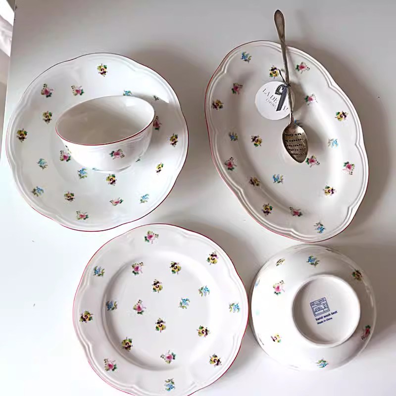 欧洲单红边小碎花欧式乡村套装/餐盘碗汤盘饭碗家用微波炉