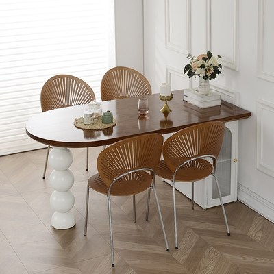 法式中古风实木餐桌餐边柜一体家用小户型客厅奶油风半圆形岛台桌