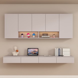 悬空书桌壁挂式悬浮墙上电脑桌靠墙吊柜学习书桌书柜书架一体定制