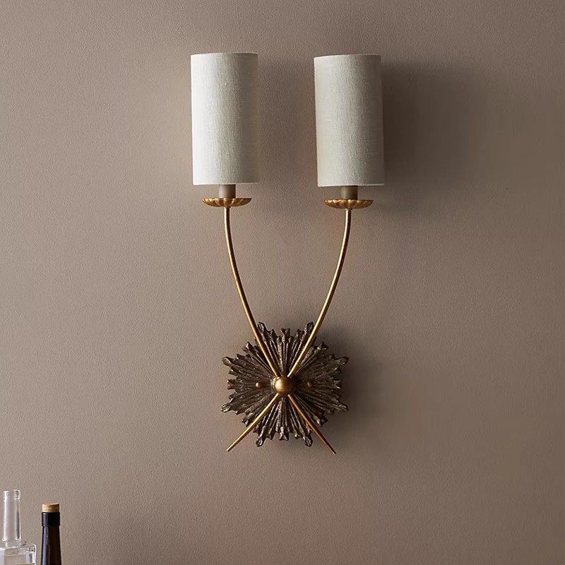 法式复古木雕碎花客厅壁灯布艺灯罩做旧卧室床头灯电视背景墙壁灯