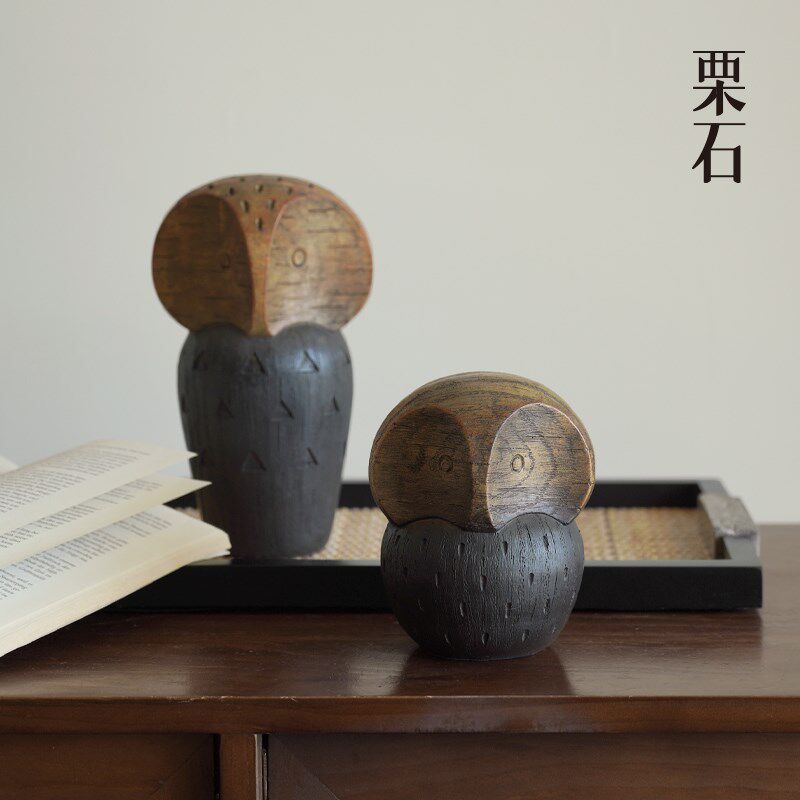 栗石侘寂风仿木纹抽象猫头鹰酒柜装饰小摆件桌面藤编托盘创意摆设