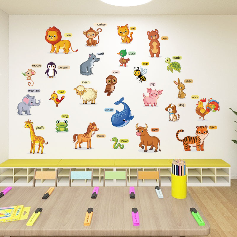 好贴小学幼儿园动物英语单词交通工具自粘贴纸贴画教室儿童房背景