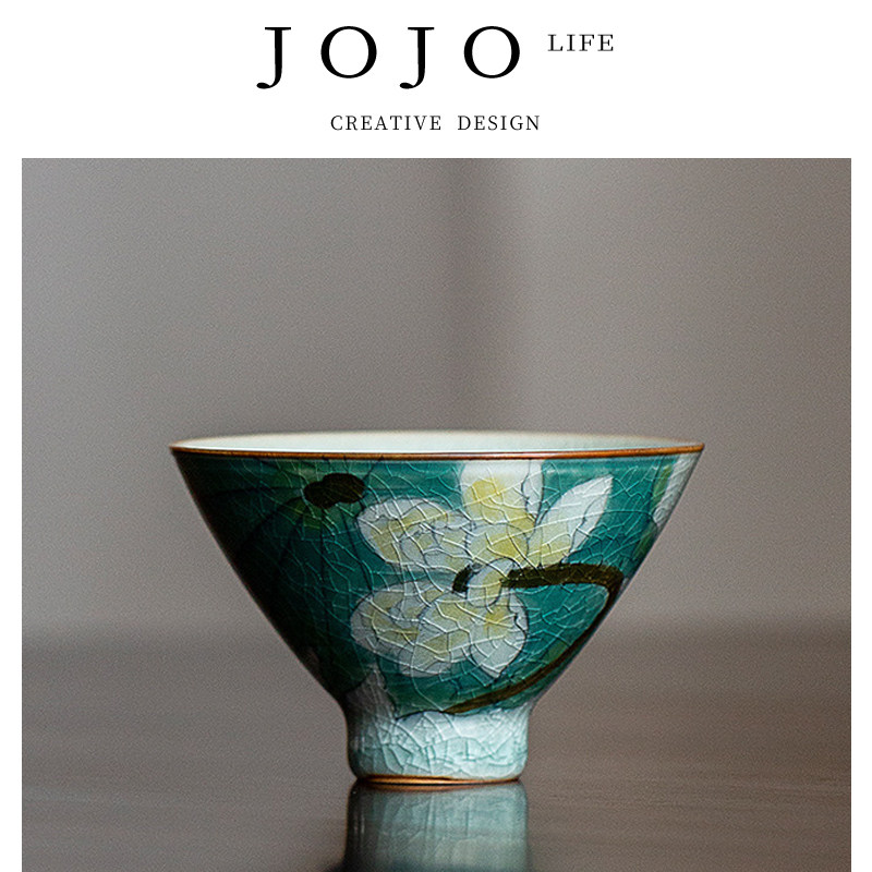 JOJOS L. PD紫泉涧手绘冰裂荷花斗笠品茗杯主人杯丨青荷