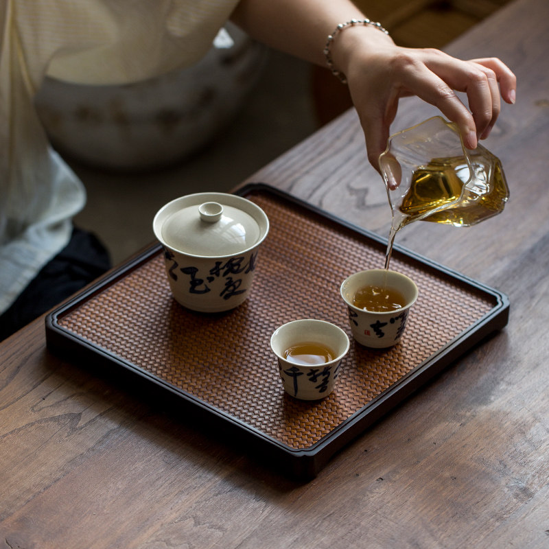 中式竹编纹干泡盘长方形茶盘竹制席面家用奉茶盘功夫圆形茶台茶托