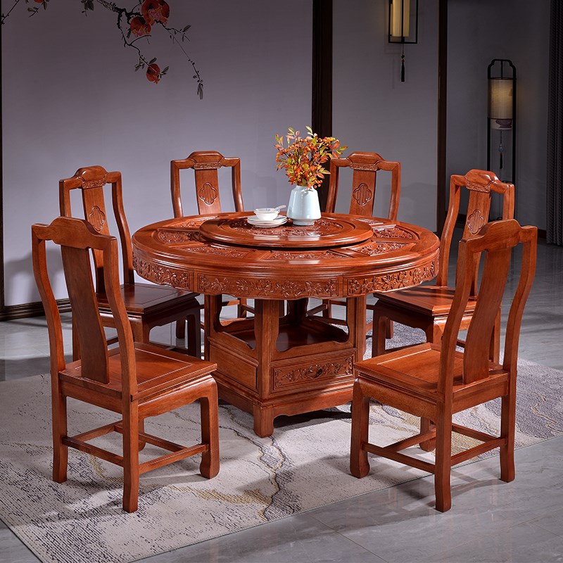花梨木全实木餐桌椅组合大圆桌2米中式仿古圆形雕花餐厅红木家具