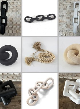 现代简约手工木质几何链条双环摆件家居装饰客厅民宿墙饰木链挂件
