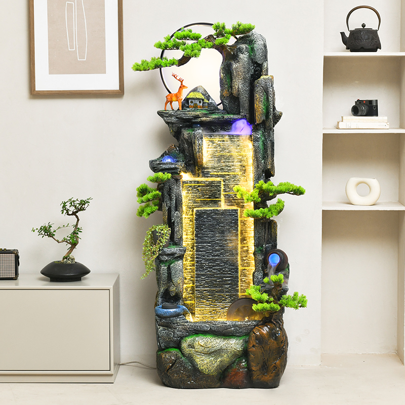 中式假山高山小桥流水喷泉循环客厅酒柜乔迁景观落地鱼池装饰摆件