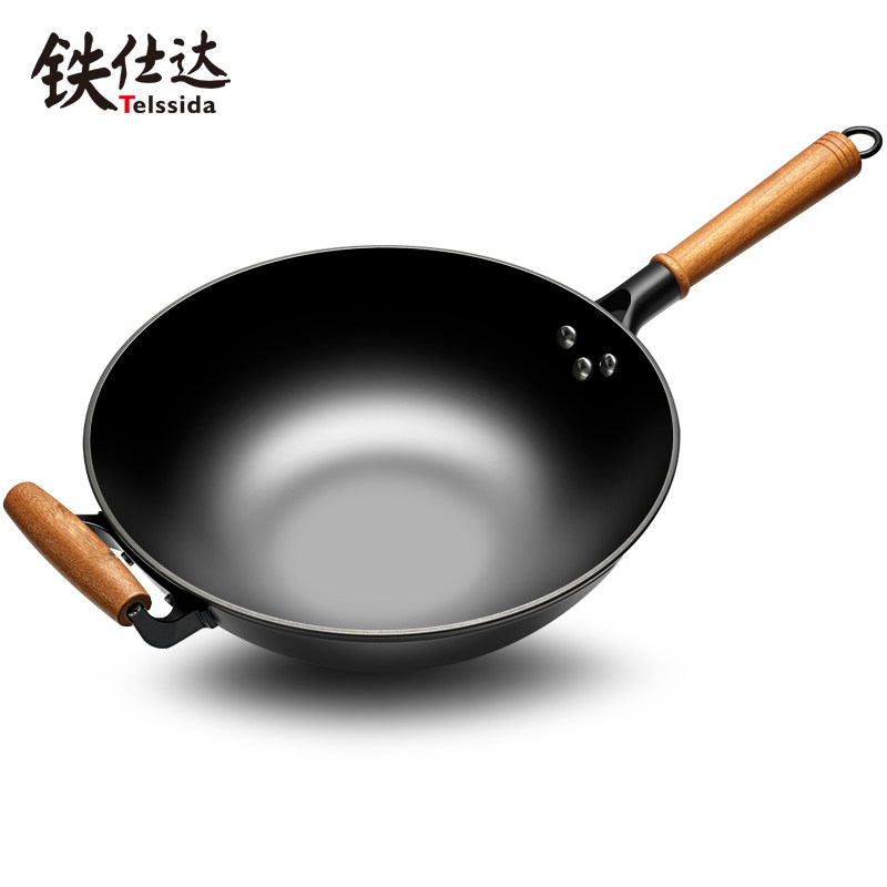 轻型铸铁炒锅陆川生铁锅家用无涂层不粘锅老式圆底炒菜锅燃气适用