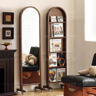 复古风实木穿衣镜全身镜家用可移动落地旋转试衣镜子杂志书架一体