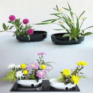 小原流花道小判椭圆青瓷蓝色陶瓷花器剑山插花花艺陈设家居摆放