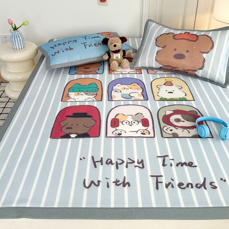 晚安猫卡通碳光凉感冰丝凉席三件套少女心裸睡空调软席凉席子床品