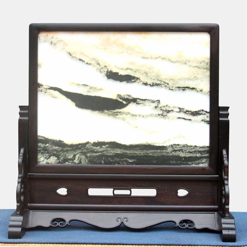 实木红木屏风大叶紫檀嵌大理石酸枝中式插屏台屏桌面玄关条案摆件