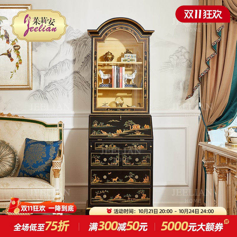 茱莉安欧式法式复古古典黑色手绘桦木实木玻璃带灯单门酒柜展示柜