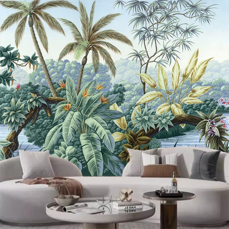 东南亚热带雨林植物壁纸背景墙酒店客厅民宿餐厅卧室床头壁画壁布