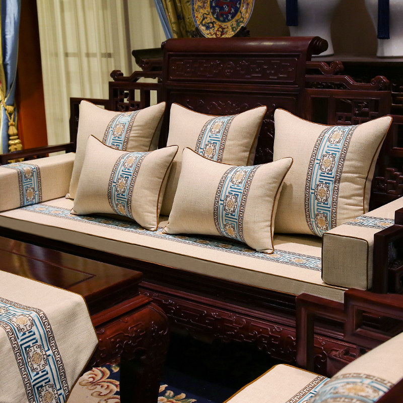 中式红木沙发坐垫实木椅垫罗汉床五件套棉麻亚麻条纹刺绣防滑座垫