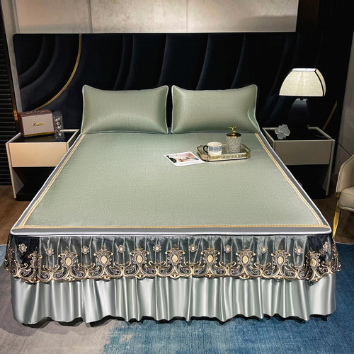 夏季冰藤席三件套冰丝凉席可水洗可拆卸床裙款防滑空调软席子折叠