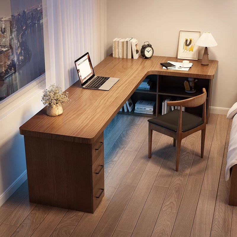 实木写字转角书桌书柜一体书架客厅家用卧室L形带抽屉电脑桌