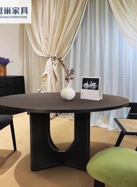 木圆圆形餐桌白木中古风实轻奢蜡黑色餐桌小VGH户型简约家用桌吃