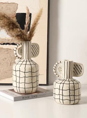 侘寂极手绘几客何线条大耳干花瓶简样板餐间酒店XWC厅桌艺术花器