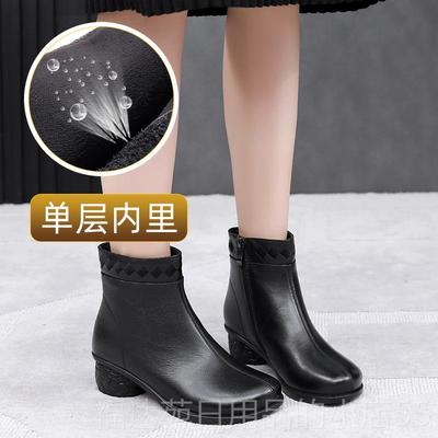 高档季真皮平底妈妈短靴秋冬棉鞋粗跟女靴子民码族风古大女鞋41一