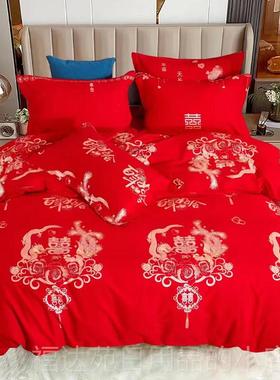 高档豪华版纯棉单四件1套床被套大红色全棉喜庆4件套双人.8m2米家