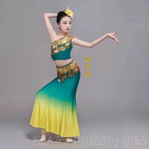 高档新款儿童傣族舞蹈演出服女傣族童孔雀舞包鱼尾优裙臀少儿质表