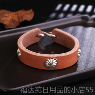 高档宽版真皮枥木鞍革925银菊花郎钉工覆古高桥吾风格皮手环手手