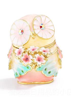 高档日迷本Pi礼cals可爱猫头鹰你饰首饰盒小 便携耳钉盒品收纳女