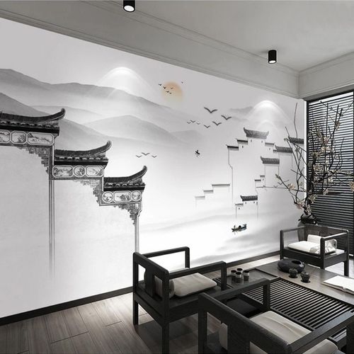 中式电视背景墙纸水墨手绘江南水乡客厅壁纸酒店饭店墙布定制壁画