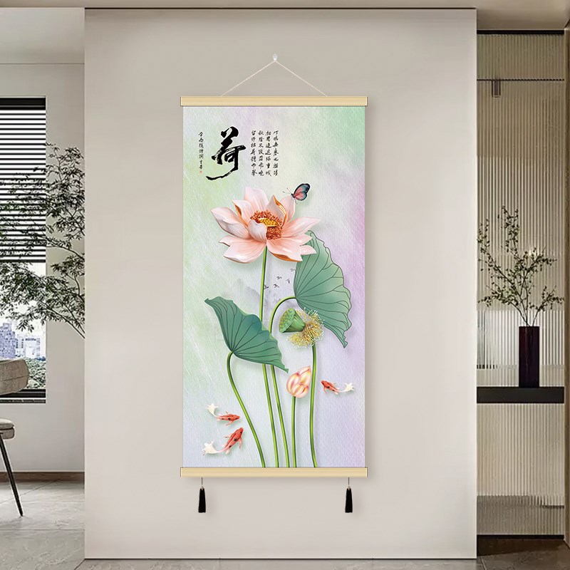 山水画客厅挂画流水生财风景玄关装饰画布艺壁画电表箱遮挡装饰画