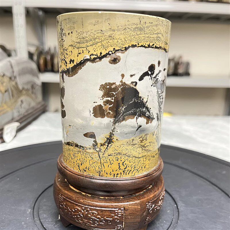 内有多款天然草花石头国画石奇石摆件黑檀木旋转底座圆柱毛笔笔筒