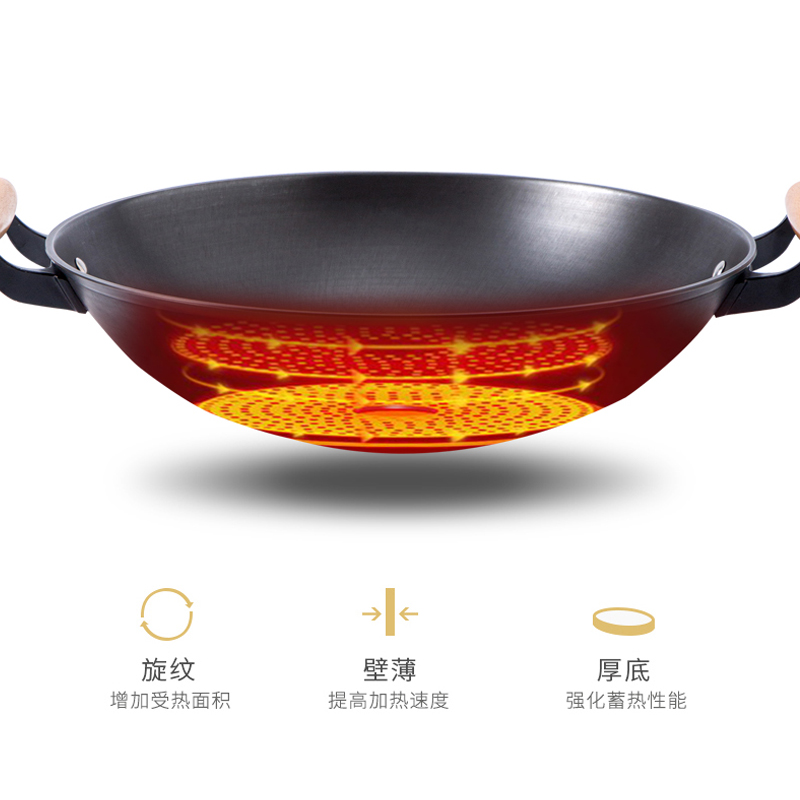 陆川铁锅无涂层圆底锅不粘锅炒菜锅铸铁锅耳锅家用初开道路不得