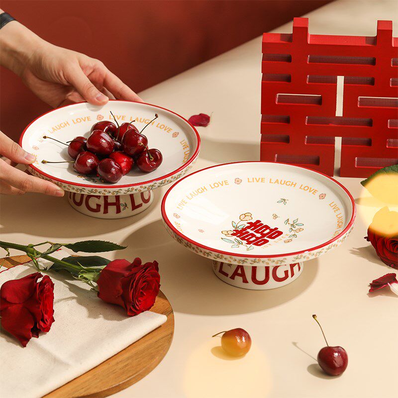 蓝莲花家居喜字高脚果盘家用托盘新婚客厅干果零食盘子结婚水果盘