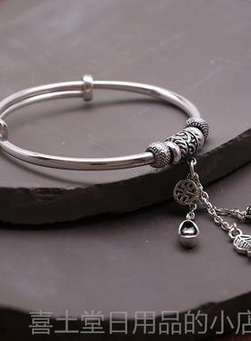 高档9999银手镯覆古纯银流苏款貔貅福坠袋叶子吊推足银镯子女送拉