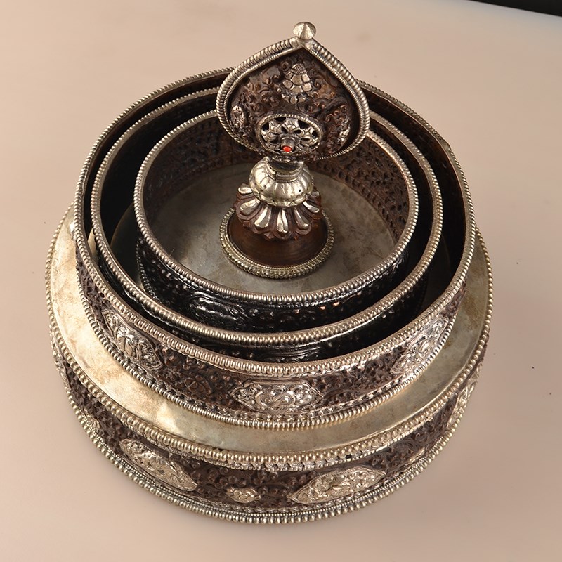 尼泊尔手工雕花紫铜佛堂七宝曼扎盘曼达盘曼茶罗 加厚款 底盘20cm