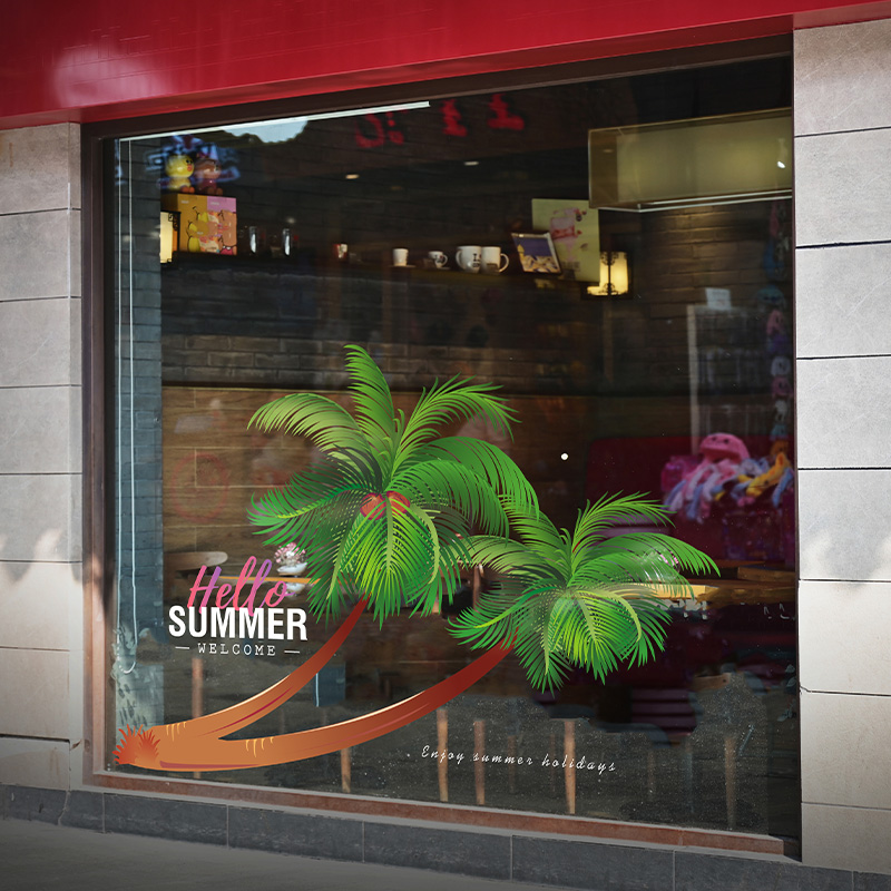橱窗椰树海岛风绿色植物装饰氛围布置贴膜夏季促销玻璃静电贴膜