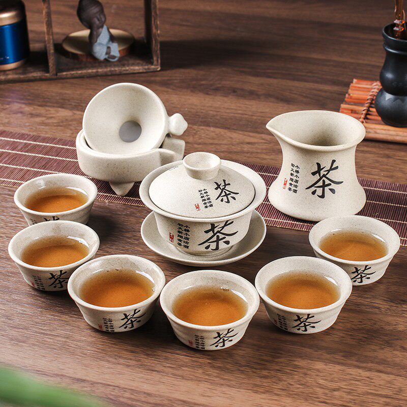 陶土粗陶盖碗三才碗家用泡茶器无釉盖凹普洱红功夫茶具敬茶杯套装